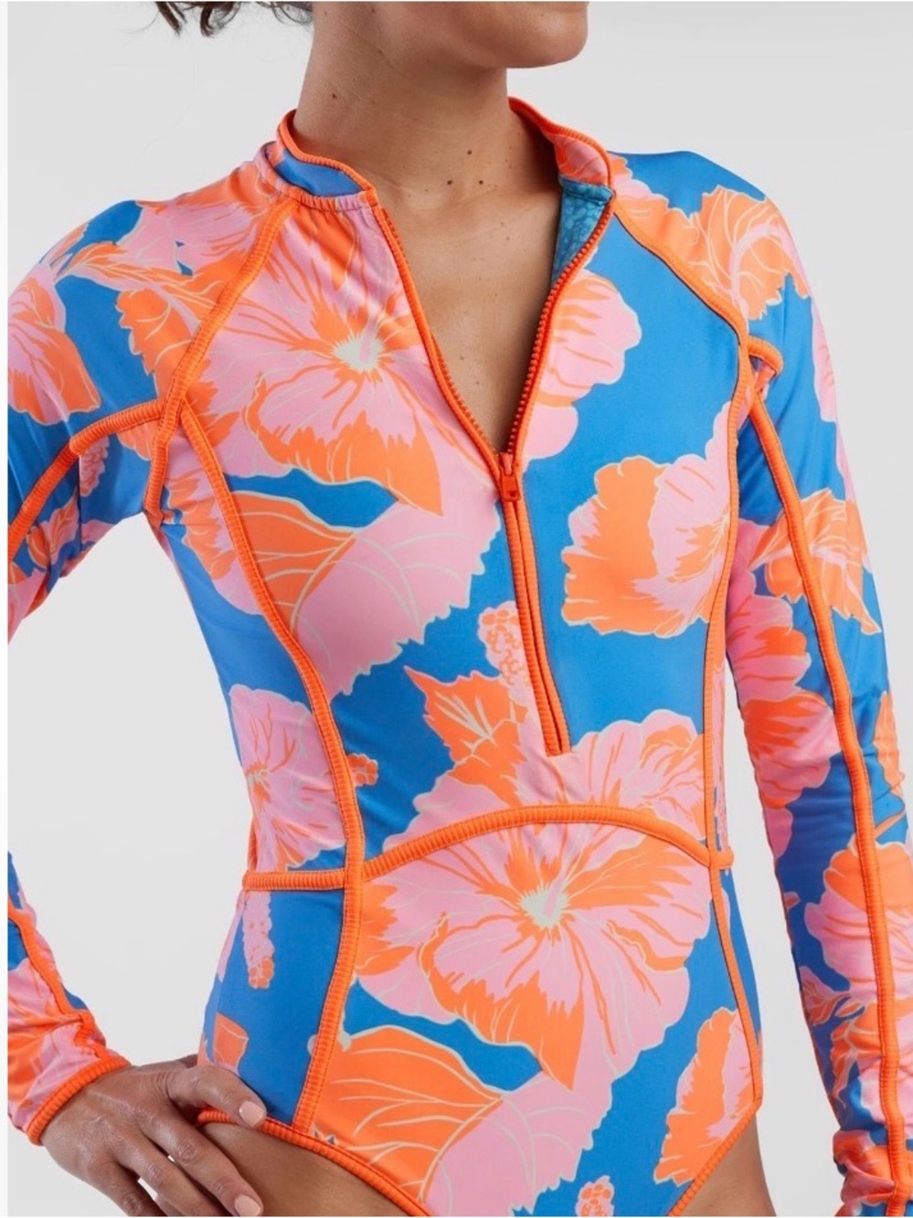 Long-Sleeve Floral Zip Front Swimsuit in Blue/Orange